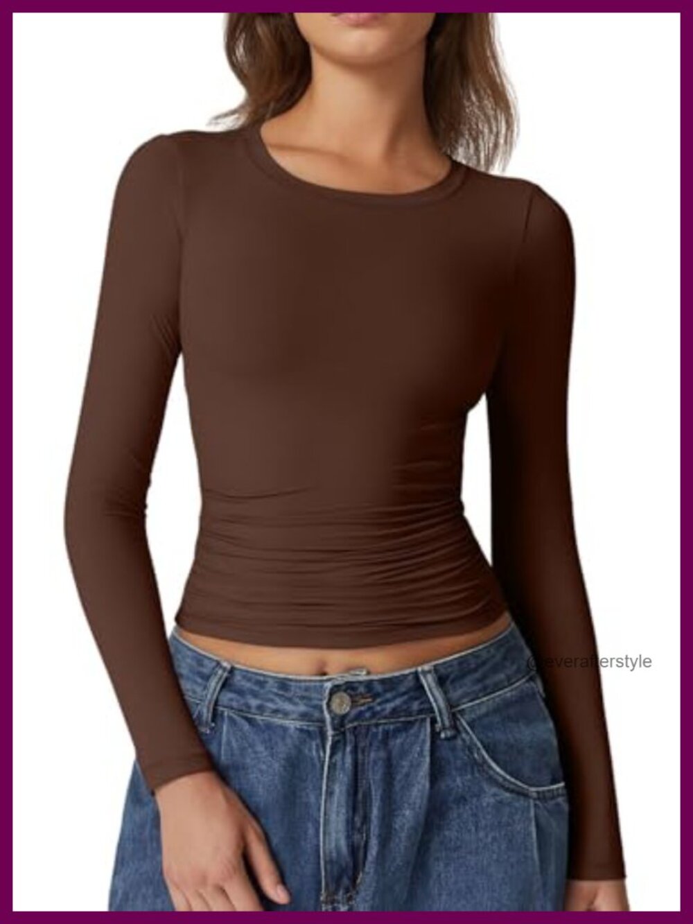 QINSEN Crewneck Long Sleeve Double Lined Ruched Crop Top Tee